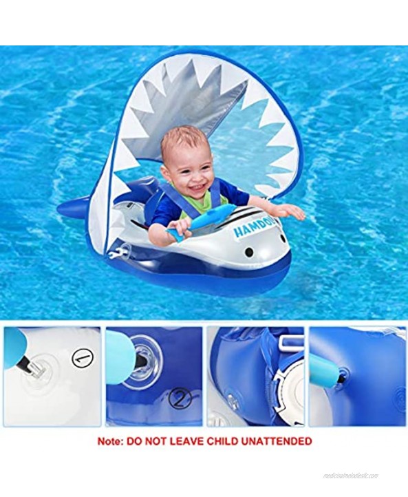Shark Baby Swimming Float with Canopy Baby Swimming Float Frog Inflatable Baby Infant Toddler Pool Float with Safe Bottom Support & Swim Buoy for Age 3-36 Months Large