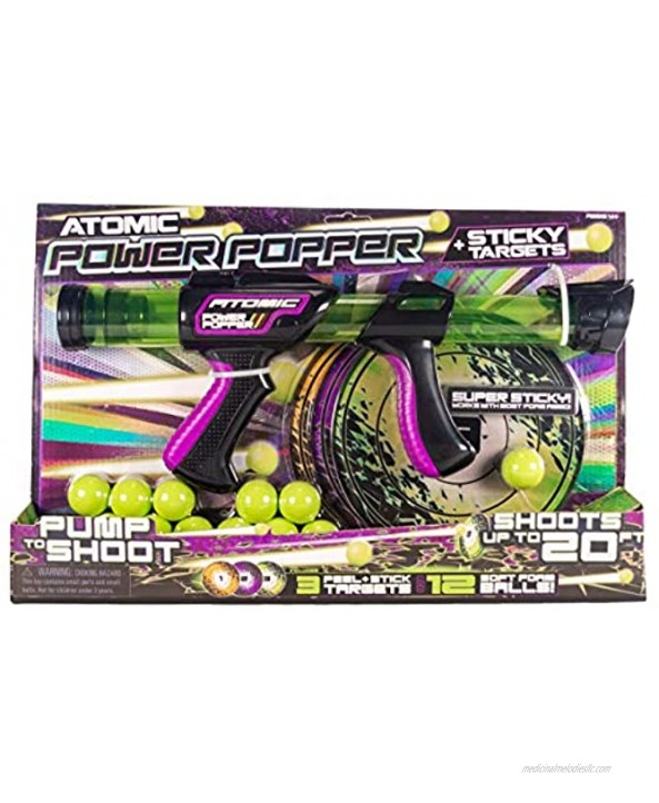 Hog Wild Atomic Power Popper 12X with 12 Balls & 3 Targets Rapid Fire Foam Ball Blaster Gun with Sticky Target & Balls Ages 4+