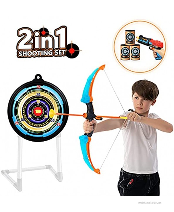 Sillbird Kids Bow and Arrow Ages 8-12 2 in 1 LED Light Up Archery Set with Blaster Gun for Kids Indoor Outdoor Toy Bows with Shooting Sound Sports Toys Gifts for 6 7 8 9 10 11 12 Boys Girls
