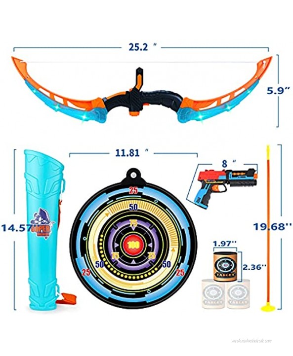 Sillbird Kids Bow and Arrow Ages 8-12 2 in 1 LED Light Up Archery Set with Blaster Gun for Kids Indoor Outdoor Toy Bows with Shooting Sound Sports Toys Gifts for 6 7 8 9 10 11 12 Boys Girls