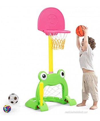 Costzon Kids Basketball Hoop Set Kids 3-in-1 Sports Set for Basketball Baseball & Football 6 Height Adjustable Kids Basketball Toy for Indoor & Outdoor Best Gift for Kids Cute Frog