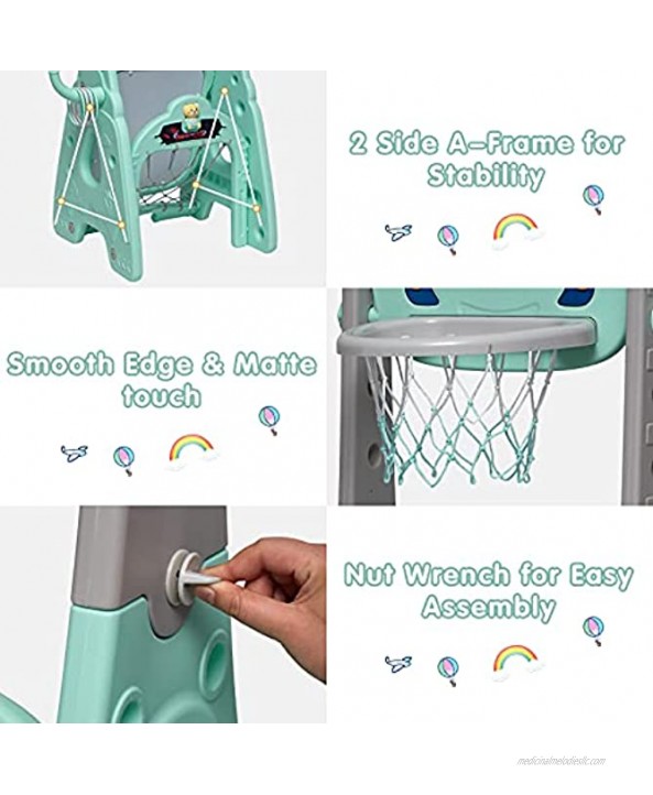 Kinfant Kids Basketball Hoop 7 in 1 Sports Activity Center Set Stand with Football Soccer Goal Ring Toss Dart Board Drawing Board Music Box Golf Game for Boys and Gilrs