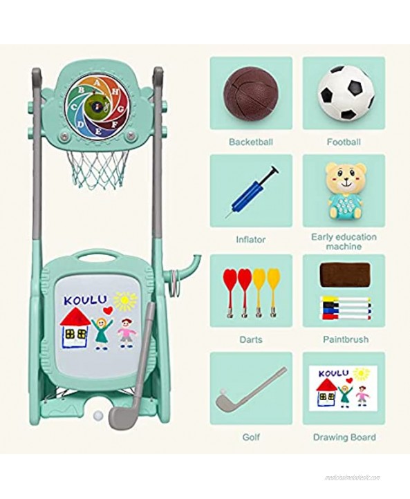 Kinfant Kids Basketball Hoop 7 in 1 Sports Activity Center Set Stand with Football Soccer Goal Ring Toss Dart Board Drawing Board Music Box Golf Game for Boys and Gilrs