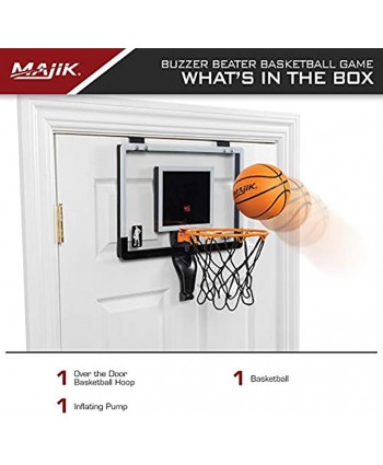 Majik Buzzer Beater Over The Door Hanging Mini Basketball Hoop for Indoor Play Automatic LED Scoring Pro-Style Backboard Breakaway Rim Comes with Ball and Air Pump