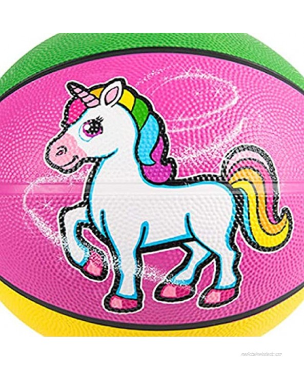 Mozlly Colorful Magical Unicorn Regulation Mini Rubber Basketball 9.5 inch Inflatable for Training Shooting Practice Indoor Outdoor Game Play Dodge Ball for Girls Children Party Decor Favors Prizes