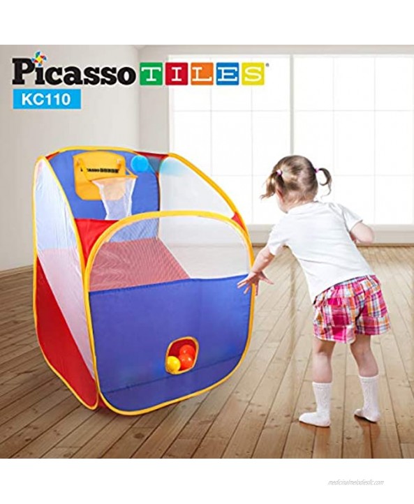 PicassoTiles KC110 24 x 34 Foldable Portable Standing Kids Basketball Hoop w 10 Colorful Pit Balls and Zippered Storage Bag for Kids and Toddlers Travel Size Hand-Eye Training Toy Indoor Outdoor