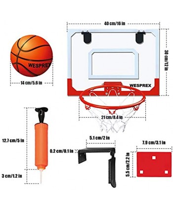 WESPREX Indoor Mini Basketball Hoop Set for Kids with 2 Balls 16" x 12" Basketball Hoop for Door Wall Living Room and Office Use with Complete Accessories Basketball Toy Gift for Boys and Girls