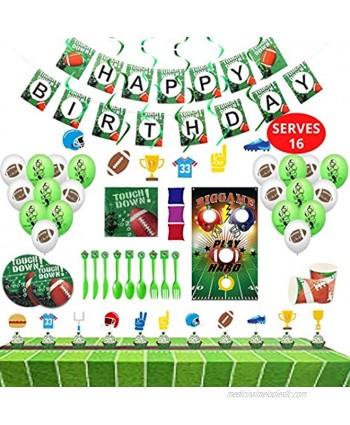 Football Birthday Party Supplies and Decorations Includes Football Toss Game Birthday Banner Tablecover Plates Napkins Cups Flatware Set Serves 16 Balloons Cupcake Toppers Hanging Swirls