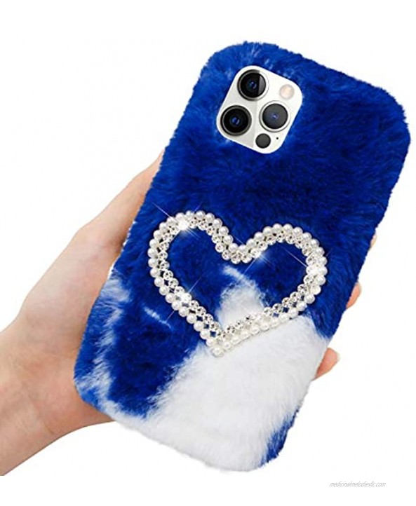 Herzzer Chic Winter Warm Plush Furry Cover for Samsung Galaxy S20,Cute Color Block Rabbit Fluffy Hairy Diamond Pearl Love Heart Soft Silicone Rubber TPU Back Case,White Blue