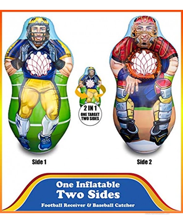 ImpiriLux Inflatable 5 Foot Tall Double Sided Football Receiver and Baseball Catcher Target Trainer Set | Includes One Inflatable with Two Sided 2 Plush Footballs 2 Plush Baseballs
