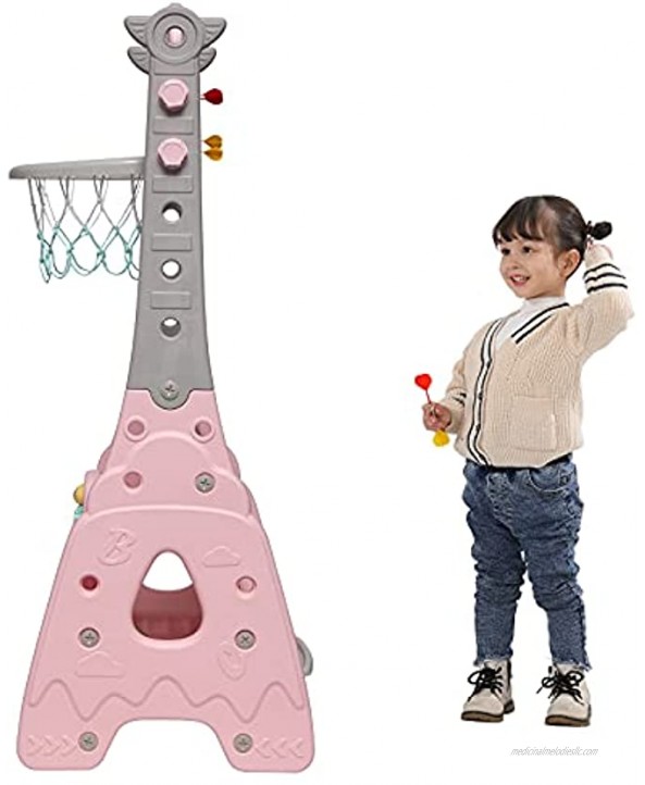 7 in 1 Basketball Hoops for Kids Toddler Basketball Hoop Stand Adjustable Height with Football Soccer Goal Ring Toss Dart Board Drawing Board Music Box Golf Game for Baby Infants Toddler Pink