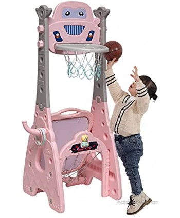 7 in 1 Basketball Hoops for Kids Toddler Basketball Hoop Stand Adjustable Height with Football Soccer Goal Ring Toss Dart Board Drawing Board Music Box Golf Game for Baby Infants Toddler Pink