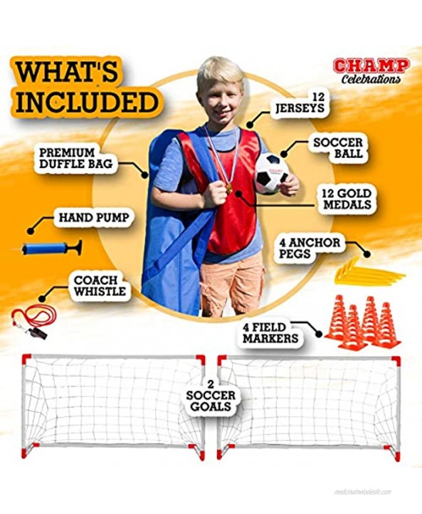 Champ Celebrations All-In-One Sport Set | Kids Premium Party Bag Jerseys,Marker Cones Whistle & Gold Medals | Kids Sports Practice Set 12 Players | Soccer Set or Baseball Set |Parties or Birthdays