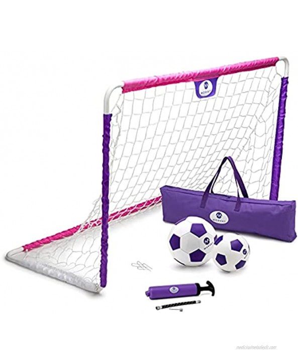 Morvat Soccer Goal Set Mini Soccer Ball Toddler Soccer Goal Kids Soccer Net Toddler Soccer Ball and Goals Soccer Accessories Metal Frame Includes 2 Youth Soccer Goals and More Pink Purple