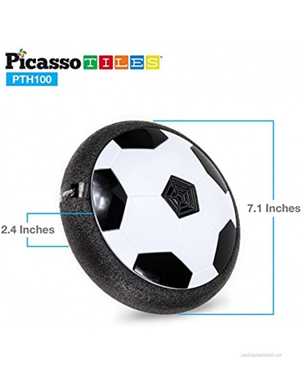 PicassoTiles Soccer Hoverball Air Hockey Electric Power Airlifted Hover Ball Gliding Sailing Floating Cushion Disc with LED Foam Bumper Soft Edge Protector for Indoor Outdoor Training Gaming PTH100