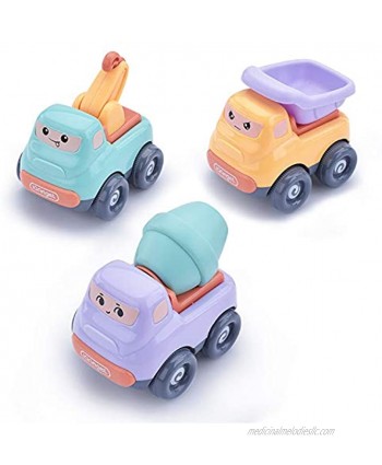 Beville Cute Inertia Friction Powered Push and Go Cars for Toddler Boys & Girls,Set of 3 Pack Kids Early Educational Engineering Vehicles Includes Small Crane Dump Truck Mixer Truck.Random Colors