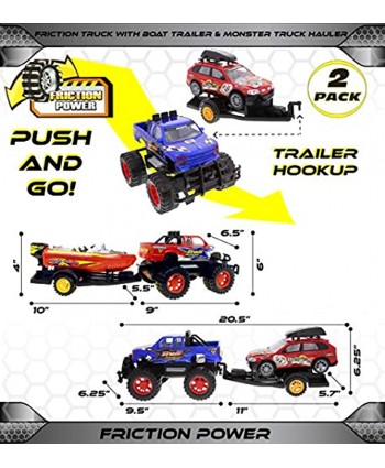 Mozlly Bundle of Friction Powered Monster Truck with SUV & Push Powered Hauler Monster Truck with Speed Boat Tow Trailer Playset Transport Toys Push & Go Toy Cars for Girls & Boys Styles May Vary