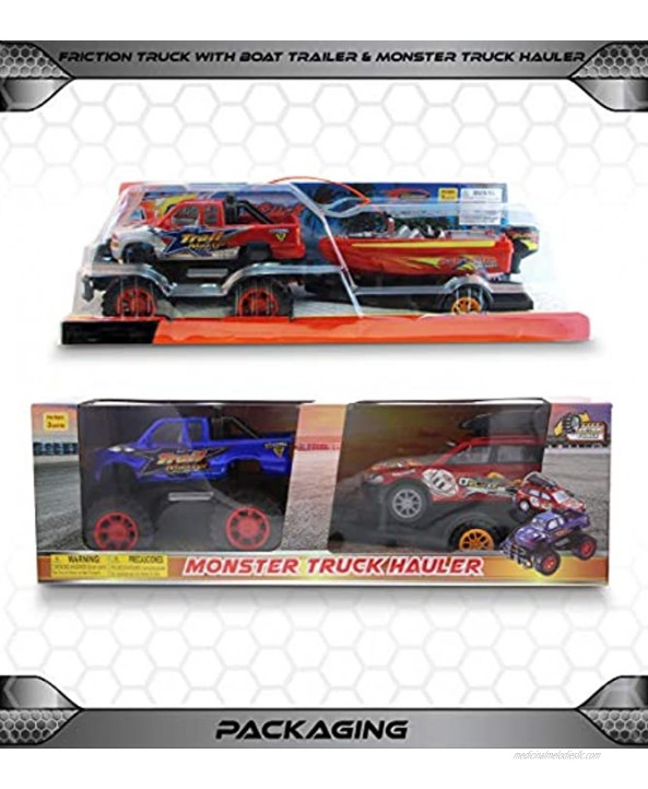 Mozlly Bundle of Friction Powered Monster Truck with SUV & Push Powered Hauler Monster Truck with Speed Boat Tow Trailer Playset Transport Toys Push & Go Toy Cars for Girls & Boys Styles May Vary