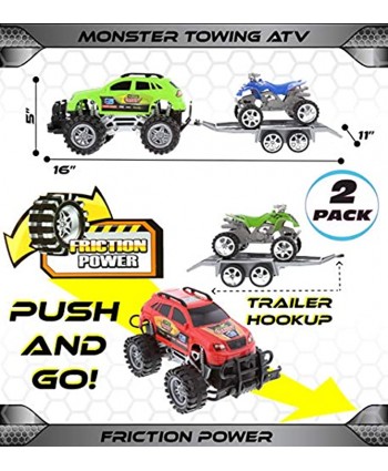 Mozlly Friction Powered Monster Trucks Car Toy SUV Towing ATV Toys Set of 2 Monster Truck with Trailer ATV Toys for Fun Playtime Indoor or Outdoor Cool Friction Toy Vehicle Cars for Kids 2 Pack