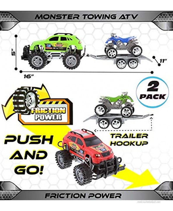 Mozlly Friction Powered Monster Trucks Car Toy SUV Towing ATV Toys Set of 2 Monster Truck with Trailer ATV Toys for Fun Playtime Indoor or Outdoor Cool Friction Toy Vehicle Cars for Kids 2 Pack