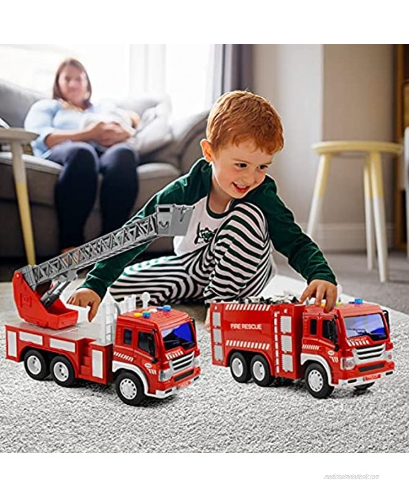 2Pcs Fire Trucks Toy for Boys Gizmovine Construction Toys Vehicles with Lights Siren Sounds Extending Rescue Rotating Ladder Fire Engine Truck for Toddlers 2 3 4 Year Old