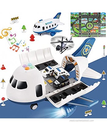 Airplane Toys for 3 Year Old Boys with Light and Sound,Police car Toys for 4 Year Old Boys with Activity Mat,5 in 1 Friction Power Toys Christmas Birthday Gifts for Kids 2 3 4 5 6 Year Old Boys Girls