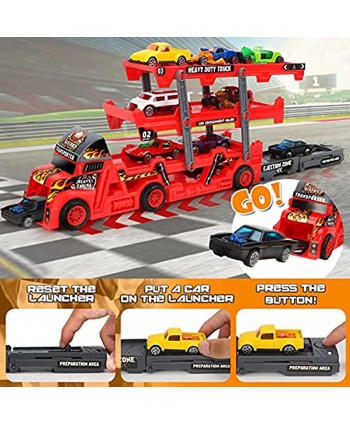 Aoskie Transport Carrier Truck Car Toy with Mini Cars and Road Signs Hauler Launch Vehicles Play Set Gifts Games for Kids Ages 3-5 Years Old