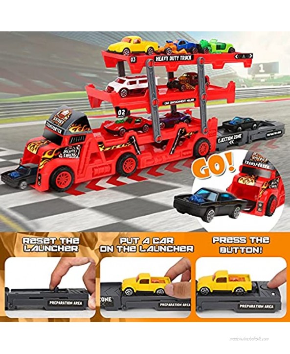 Aoskie Transport Carrier Truck Car Toy with Mini Cars and Road Signs Hauler Launch Vehicles Play Set Gifts Games for Kids Ages 3-5 Years Old