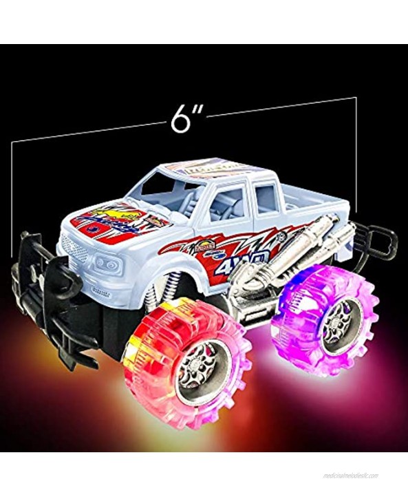 ArtCreativity Pink Green Orange & White Light Up Monster Truck Set for Boys & Girls Set Includes 4 6 Inch Monster Trucks with Beautiful Flashing LED Tires Push n Go Toy Cars Best Gift for Kids