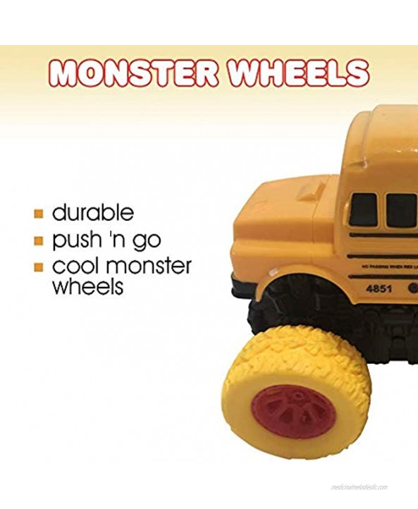 ArtCreativity Yellow School Bus Toy with Yellow Monster Truck Tires Push n Go Toy Car for Kids Durable Plastic Material Best Birthday Gift for Boys Girls Toddlers