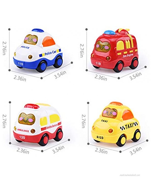 Beville Push and Go Cars with Lights and Sounds for Toddler Inertia Friction Powered Car Toys Early Educational Vehicles Includes Police Car Fire Truck Taxi & Ambulance 4 PCS