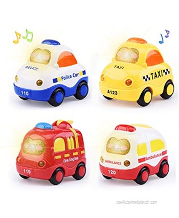 Beville Push and Go Cars with Lights and Sounds for Toddler Inertia Friction Powered Car Toys Early Educational Vehicles Includes Police Car Fire Truck Taxi & Ambulance 4 PCS