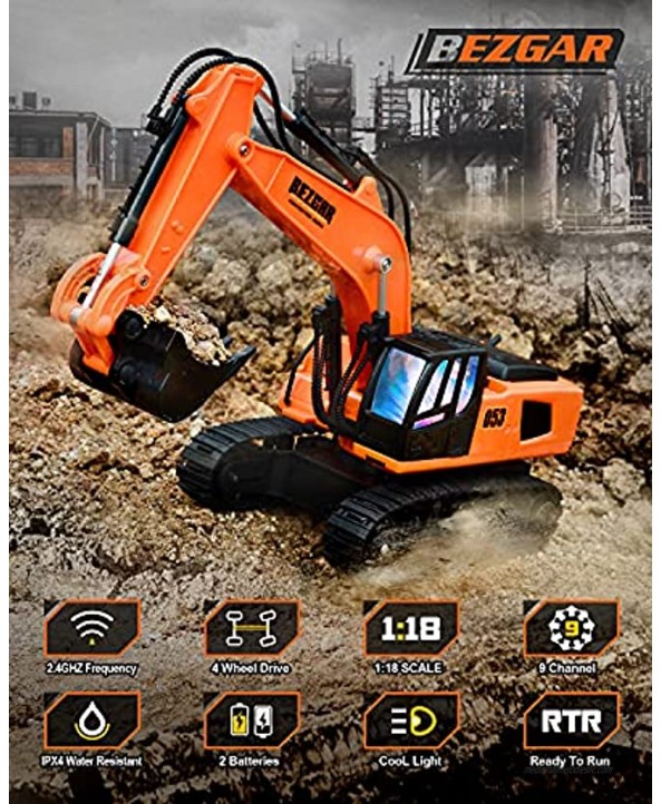 BEZGAR Remote Control Construction Excavator Toy 9 Channel RC Excavator Toys RC Construction Truck Vehicle Toys with 2 Rechargeable Batteries TK181