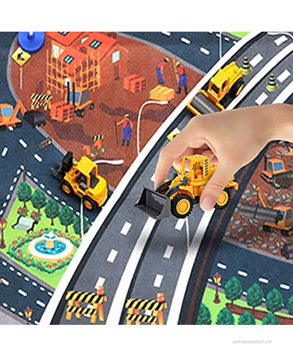 Construction Vehicles Truck Toys Set with Play Mat Mini Engineering Diecast Trucks Pull Back cars Alloy Metal Car Play Set with 6 Road Signs 4 Trucks and Play Mat Toy Trucks for Toddlers Kids