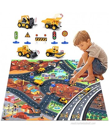 Construction Vehicles Truck Toys Set with Play Mat Mini Engineering Diecast Trucks Pull Back cars Alloy Metal Car Play Set with 6 Road Signs 4 Trucks and Play Mat Toy Trucks for Toddlers Kids