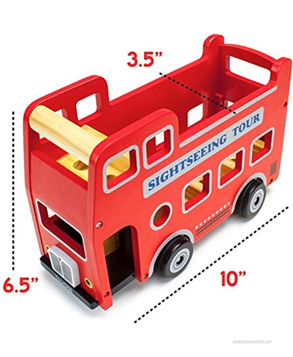 Double-Decker Tour Bus for Kids Wooden Wheels Large Toy Car with Removable Top Deck & 9 Figurines Classic Red Wood Children's Play Vehicle Baby Learning Toys for Toddlers Girls & Boys 10 Pcs