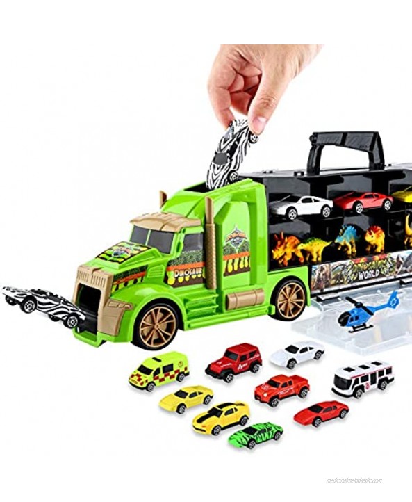 flashbluer Dinosaur Toys Truck with 15 Dinosaurs 5 Metal and 5 Plastic Die-Cast Cars and 1 Helicopter and Dinosaurs Book for 3-12 Years Old Boys and Girls