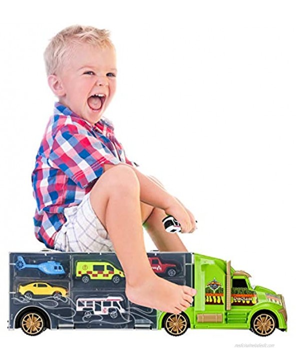 flashbluer Dinosaur Toys Truck with 15 Dinosaurs 5 Metal and 5 Plastic Die-Cast Cars and 1 Helicopter and Dinosaurs Book for 3-12 Years Old Boys and Girls