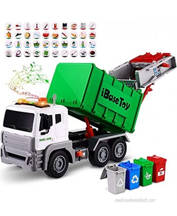 Garbage Truck Toys for Boys Friction Powered Rubbish Truck Toys Set with 4 Rear Loader Trash Cans Trash Toys Truck Collector with Light and Sound Educational Waste Cards Gifts for 3 4 5 Year Old