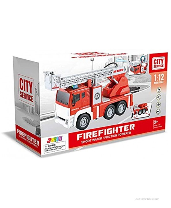 JOYIN 12.5 Fire Truck Toy Jumbo Friction Powered Fire Engine Truck with Lights and Sounds Sirens Rescue Boom and Water Pump Hose to Shoot Water Long 1:12