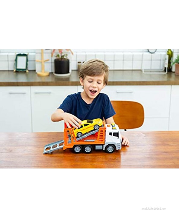 JOYIN 12.5 Friction Powered Jumbo Transport Car Carrier Tow Truck Toy with Lights & Sounds Sirens Ramp and A Removable Car Long 1:12