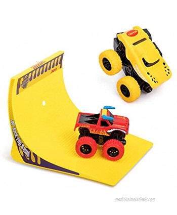 Kidstech Super Friction Monster Trucks with 360 Degrees Back Flip Ramp Track Set of 2 Cars Push N Go Large Wheel Cars for Kids Ages 3+ Colors May Vary