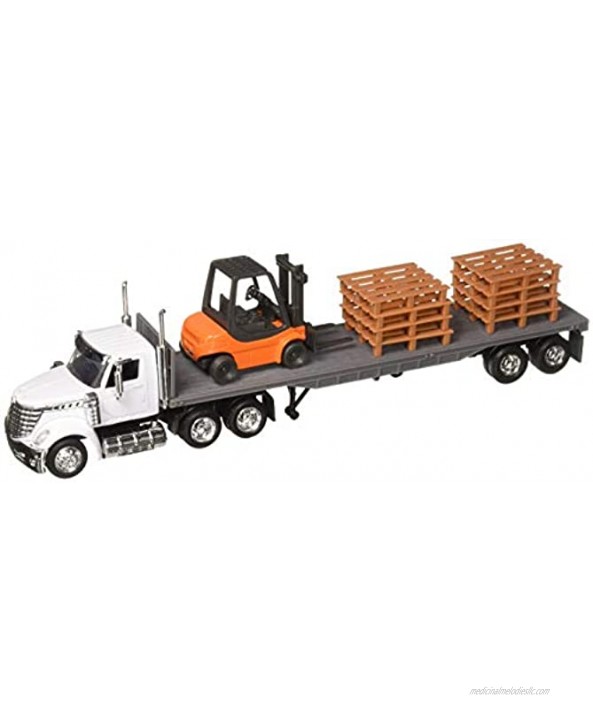 New-Ray 16643 Newray 1: 43 Long Haul Trucker International Lonestar Flatbed with Forklift & Pallets White