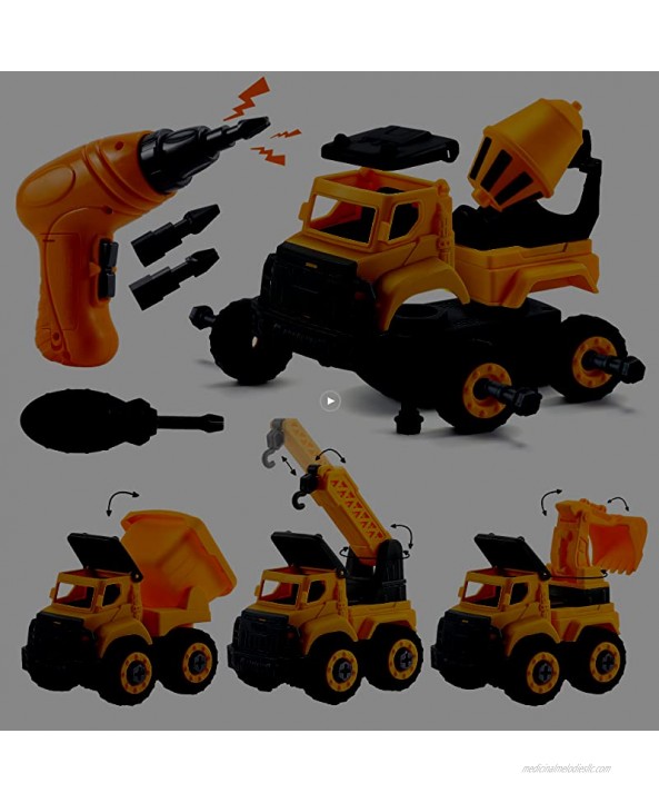 OR OR TU Take Apart Toys Vehicle Construction Trucks for Boys Kids with Electric Drill,Excavator,Crane,Cement Mixer,Dump Trucks,Engineering Car Set for 3 4 5 6+ Years Old Toddlers