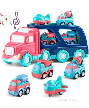 Pink Truck Toy Car for Toddler Girl 5 in 1 Friction Powered Transport Carrier Truck with Light Sound and 4 Cartoon Pull Back Vehicle Construction Car,Pink Dump Truck Gift Toy for 1 2 3 Year Old Girl