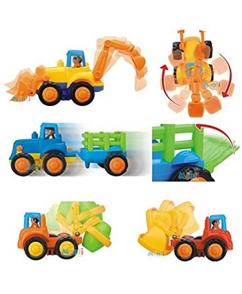 Set of 4 Cartoon Friction Powered Push & Play Vehicles for Toddlers Dump Truck Cement Mixer Bulldozer Tractor