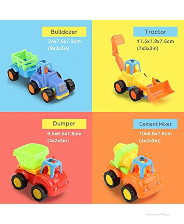 Set of 4 Cartoon Friction Powered Push & Play Vehicles for Toddlers Dump Truck Cement Mixer Bulldozer Tractor