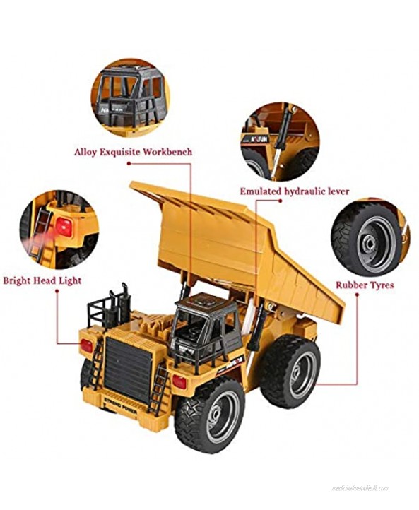 TEMA1985 Remote Control Trucks 2.4Ghz Alloy Mine rc Construction Vehicles Toy with Lights & Sounds 4 Wheel Driver Dump Truck for Boys
