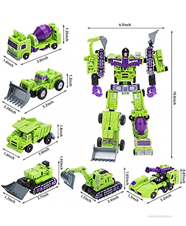 5-in-1 Construction Vehicles Transform into Robot Action Figures Assemble into Giant Pull-Back Truck for Kids Boys & GirlsGreen