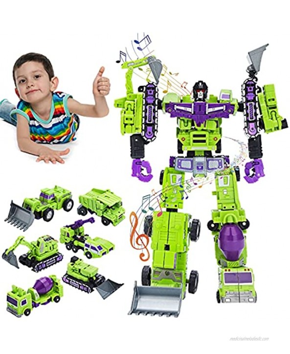 5-in-1 Construction Vehicles Transform into Robot Action Figures Assemble into Giant Pull-Back Truck for Kids Boys & GirlsGreen